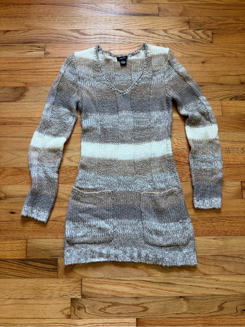 Rue21 Striped V-Neck Knit Sweater Dress in Beige, Cream and Taupe
